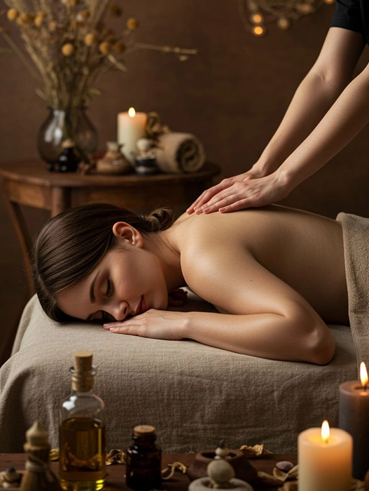 Woman Relaxing During Swedish Massage With Candles and Oils Nearby