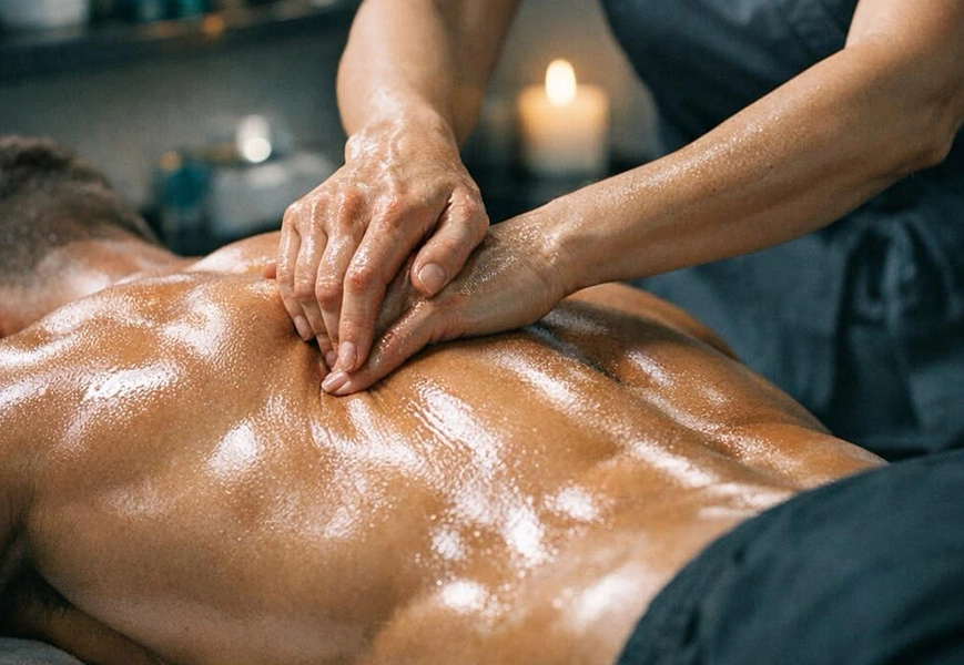 Therapist Performing Deep Tissue Massage on a Relaxed Client's Back