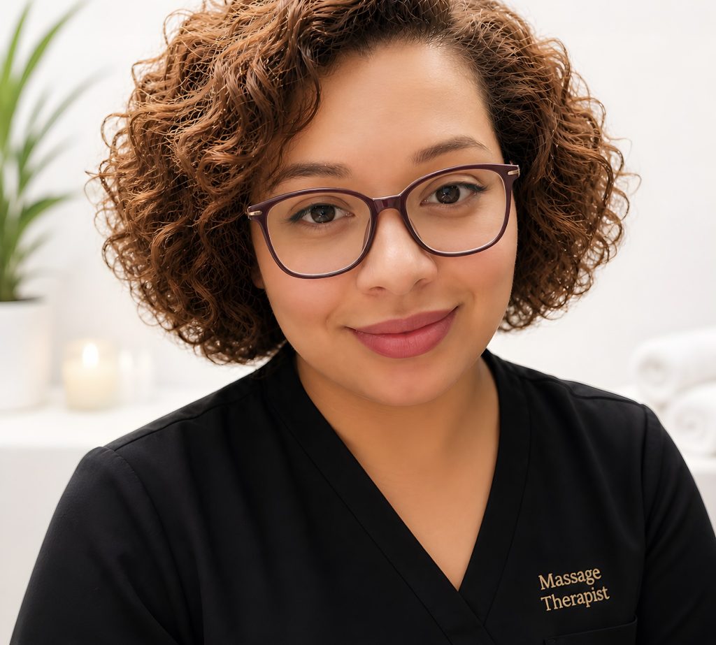 Curly-Haired Massage Therapist Smiling in a Spa Setting