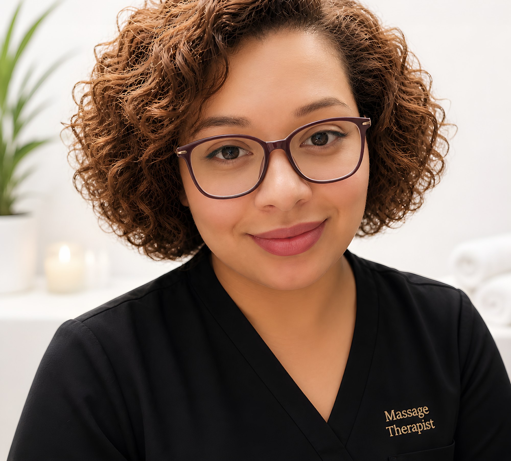 Curly-Haired Massage Therapist Smiling in a Spa Setting